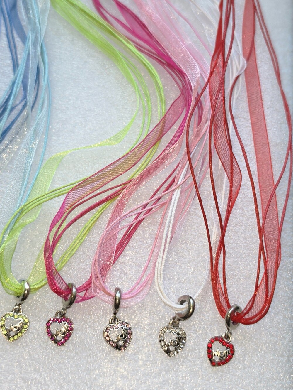 MOM Heart Crystal Pendant Ribbon Necklace Bright Neon Fluorescent Mothers Gift - Picture 13 of 16